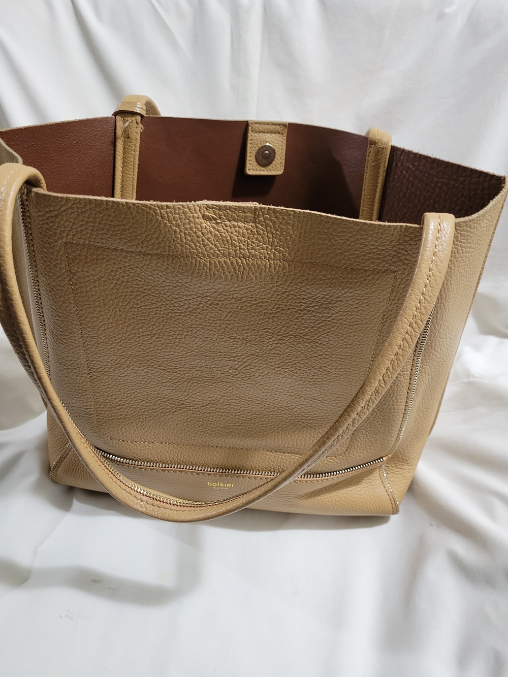 Boktier Zip Embelished Beige Leather Tote Bag